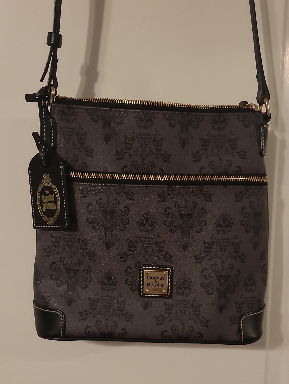Dooney & Bourke Gray and Black Disney Haunted Mansion Wallpaper Crossbody Bag